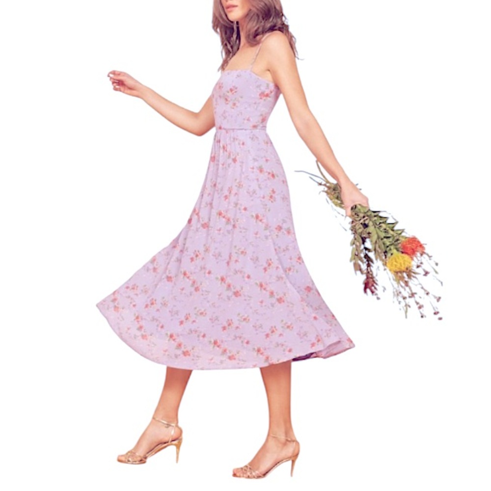 NWOT Reformation Floral Romantic Lilac Straps Pockets Mid  Dress Size 8